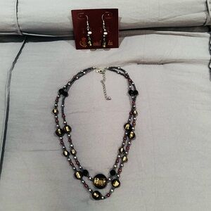 Premier Designs Elegant Black and Gold Beaded Necklace and Earring Set